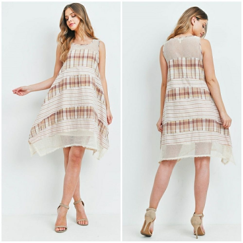Checkered tank style swing dress with mesh details